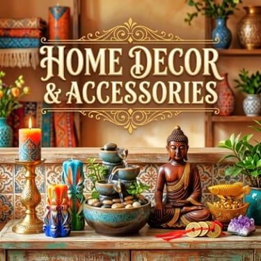 Home Decor & Accessories banner featuring a Buddha statue, tabletop water fountain, and decorative candles