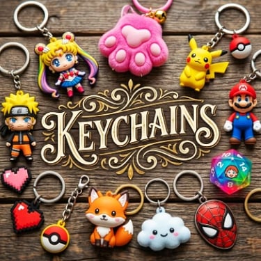 Keychains category banner with leather key straps, metal keyrings, a bottle opener, and a cute fox charm