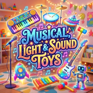 Musical, Light & Sound Toys banner with a toy keyboard, drum set, electric guitar, xylophone, and light-up robot