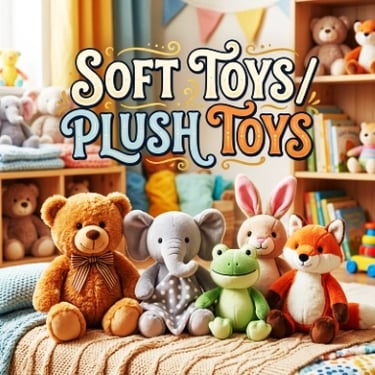 Soft Toys and Plush Toys category card showcasing a collection of cute stuffed animals and nursery plushies