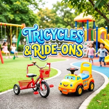 Tricycles & Ride-ons category banner featuring a red kids tricycle and a yellow plastic ride-on car toy