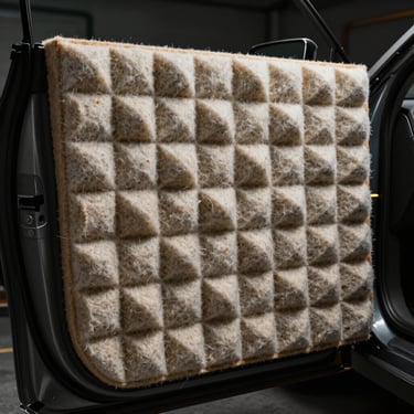 Molded felt insulation panel inside a car door, dramatic side-lighting highlighting the dense thermal loft and acoustic dampening texture.