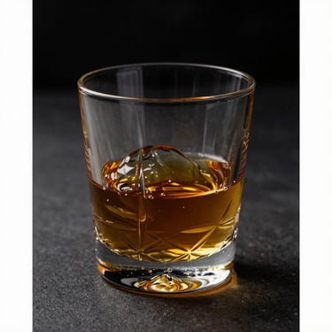Golden amber whisky swirling in a heavy crystal tumbler, low-key lighting, rich shadows