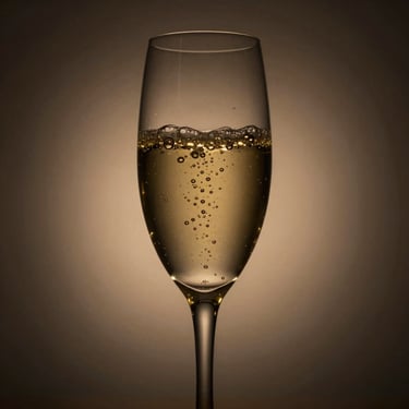 Champagne bubbles rising in a vintage crystal flute, soft warm backlighting, elegant atmosphere