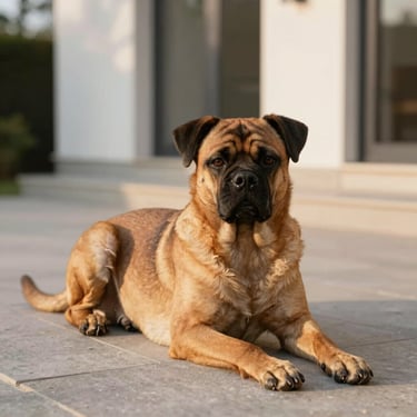 A female Boerboel resting calmly on a clean stone patio of a modern estate, soft golden hour light, peaceful and alert expression.