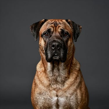 Studio portrait of a powerful male Boerboel, clean dark grey background, soft professional lighting highlighting muscular structure and intelligent, calm eyes.