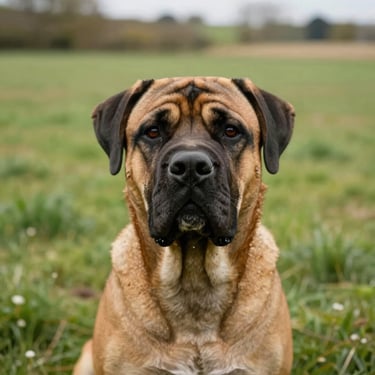 Close-up of a majestic Boerboel dog in a lush green UK field, looking directly at the camera with stable, confident eyes, soft natural light.