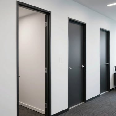 A clean, modern commercial office space in Perth with freshly painted white walls and contrasting dark door frames