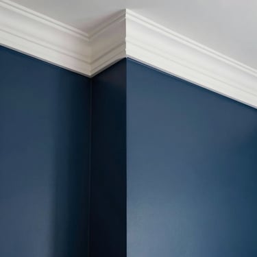 Close-up of razor-sharp paint lines between a deep navy feature wall and a crisp white ceiling trim