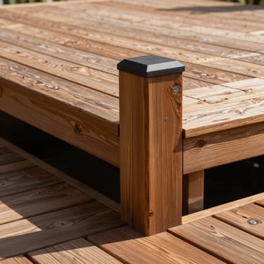 Beautifully stained outdoor timber decking and posts under bright Western Australian daylight