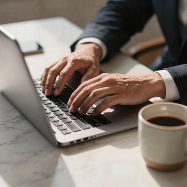 A close-up of hands typing on a sleek laptop, next to a ceramic cup on a clean marble desk, warm morning light, sophisticated corporate atmosphere.