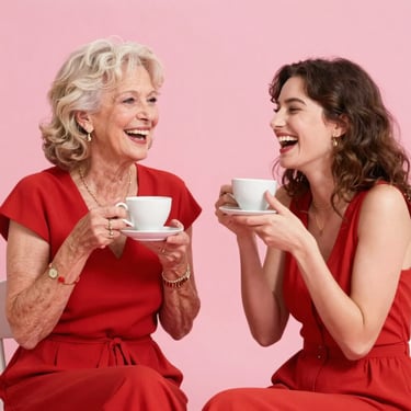 Lively mid-shot of a fabulous older woman in a red dress having tea with a younger woman, both laughing. Saturated red, bright daylight.