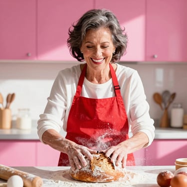 Vibrant older woman with stylish dark hair and a bright red apron, laughing as she bakes sourdough bread in a sunlit kitchen, flour dusting the air, high-contrast daylight.