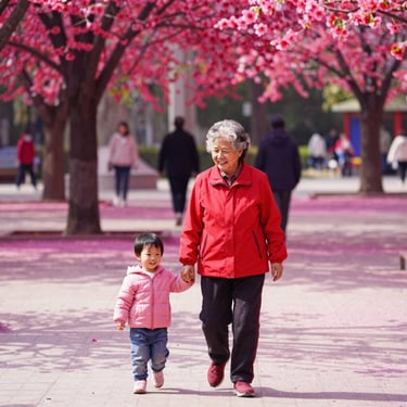 A vibrant older woman in a cherry red jacket walking in a park with a young child, smiling warmly. Bright daylight, saturated colors.