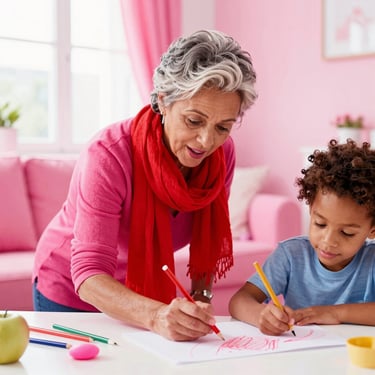 A vibrant older woman of color wearing a bright crimson scarf, playfully teaching a young child to draw in a sunny living room, bright high-contrast daylight.