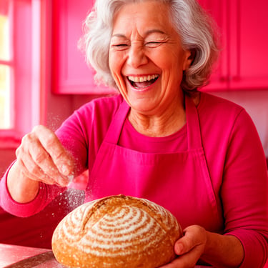 Close-up of a joyful older woman with silver hair dressed in a bright pink apron, baking artisanal sourdough at home. Saturated pink tones, bright daylight.