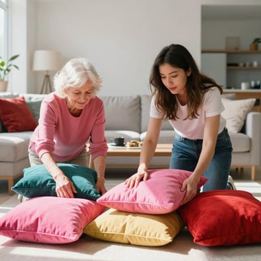 Two women, one in her 60s without white hair and one in her 20s, arranging colorful cushions in a sunlit modern living room. Bright high-contrast daylight.