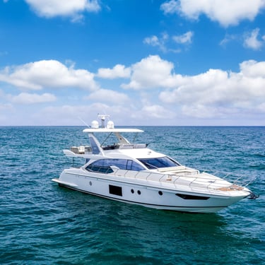 70FT Azimut Flybridge luxury yacht rental in Miami with skyline views and premium charter experience