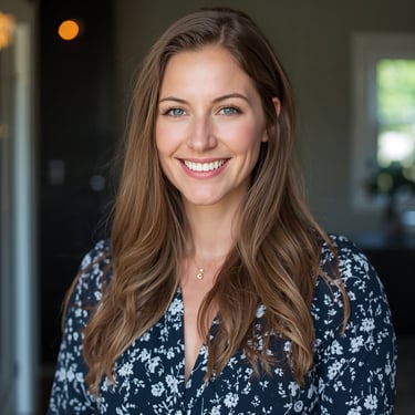 Smiling woman with long brown hair and blue eyes wearing a floral dress for a professional headshot.