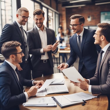 four men sitting at desk talking