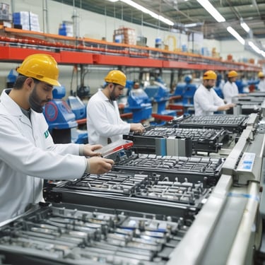 A professional team discussing trade documents in a bright office setting.