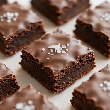 Macro shot of gourmet chocolate brownies with perfectly glossy, crinkled tops, lightly dusted with sea salt, warm daylight.