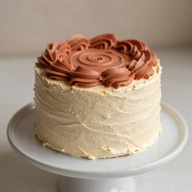 A single, beautifully proportioned mini celebration cake with a textured terracotta buttercream finish, on a low ceramic stand.