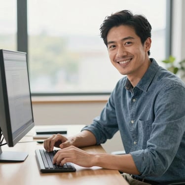 Friendly portrait of a male CRM specialist setting up a digital system, smiling, bright natural daylight, warm editorial style.