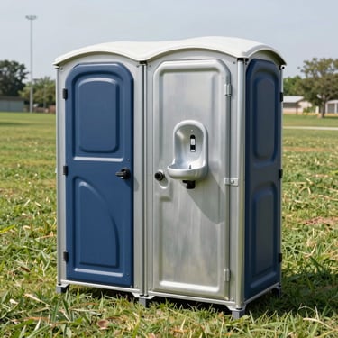 Spotless premium portable restroom unit with handwashing station, placed neatly on green grass, bright daytime