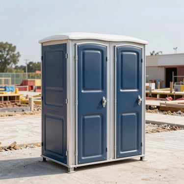 Clean, modern portable restroom unit standing straight on a tidy construction site, bright daylight, 35mm