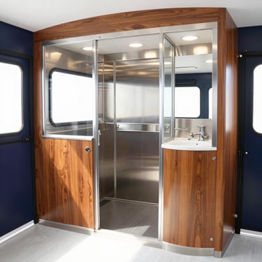Gleaming luxury restroom trailer interior, warm wood accents, polished steel, bright high-key lighting, 35mm