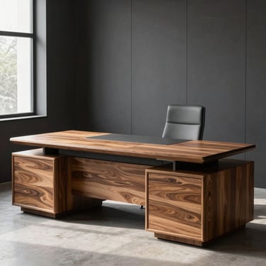 Modern executive office desk made of solid oak, dark charcoal wall panels, soft window light, professional setting