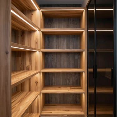 Luxury walk-in closet with warm integrated LED lighting, natural wood shelves, clean architectural lines