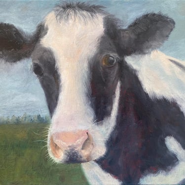 An original oil painting of a dairy cow up close