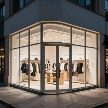 Wide-angle exterior shot of a commercial retail storefront at night, perfectly illuminated, showing crystal-clear optical security glazing retrofitted into the metal frame.