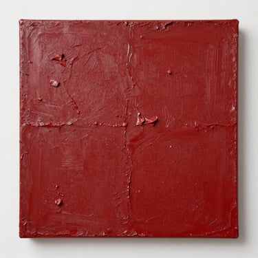 Dead-on flat-lay of a textured contemporary painting, deep cadmium red and raw iron oxide pigments