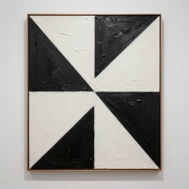 Orthogonal gallery shot of a large-scale geometric painting with thick textured brushstrokes, black and titanium white