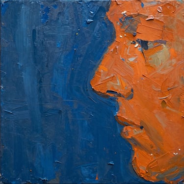 Dead-on orthogonal shot of a high-contrast mixed-media painting with heavy impasto texture, blue and cadmium orange pigments