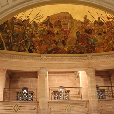 Rajasthan trip details - A grand mural depicting ancient warriors and royal history within a palace dome