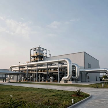 Wide architectural shot of a modern clean-tech resource recovery facility under overcast morning light, showing structured steel conduits and clean integration with surrounding landscape.