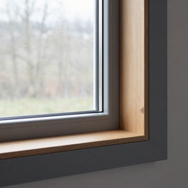 Close-up of a modern timber window frame with a light oak interior finish and charcoal grey exterior aluminium cladding, crisp daylight