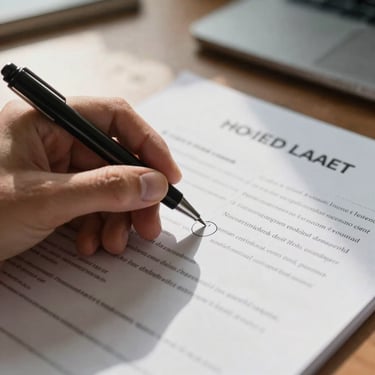 Close-up of a hand annotating a printed lease with a ballpoint pen, circling a clause mid-page, small-business home office desk visible in soft north-facing daylight, true shadows across the paper surface