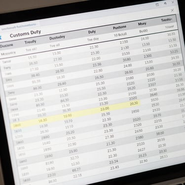 A clean digital interface showing structured trade data tables, customs duty schedules, and highlighted tariff classification matches, even bright lighting.