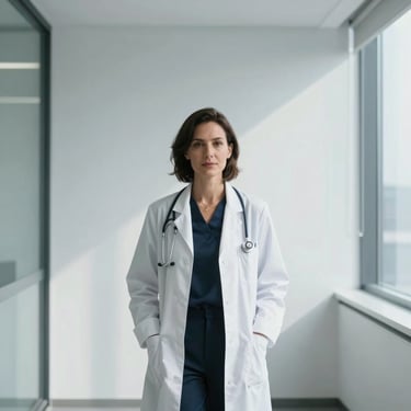 Sophisticated corporate portrait of a female medical expert in a clean minimalist consulting office, cool natural light, professional attire, 35mm lens