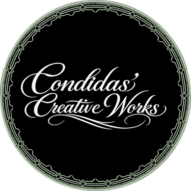 Condidas' Creative Works logo with elegant cursive typography and a geometric circular border.