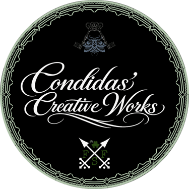 Vintage-style circular logo for Condidas' Creative Works featuring a moth, skeleton keys, and crossed arrows.