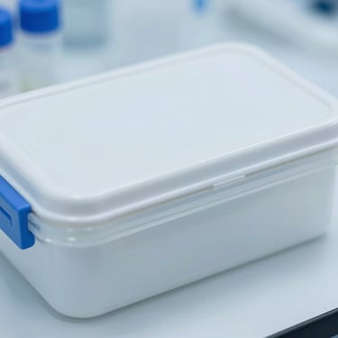 Macro shot of a sterile specimen transport box being sealed in a cool-toned laboratory environment, bright clinical light, 35mm