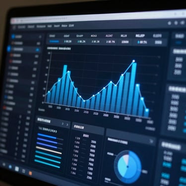 Tight macro view of a dark-mode real estate analytics dashboard on a screen, glowing blue algorithmic charts and real-time conversion metrics, sharp digital interface.