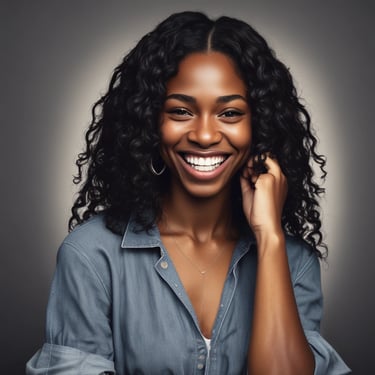 A happy woman with freshly styled hair smiling in a bright salon setting.
