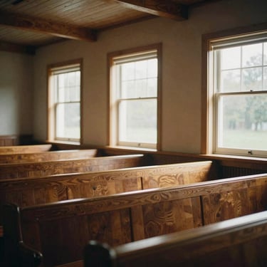 Warm wooden sanctuary interior, soft golden daylight streaming through side windows, inviting empty pews, 35mm editorial style